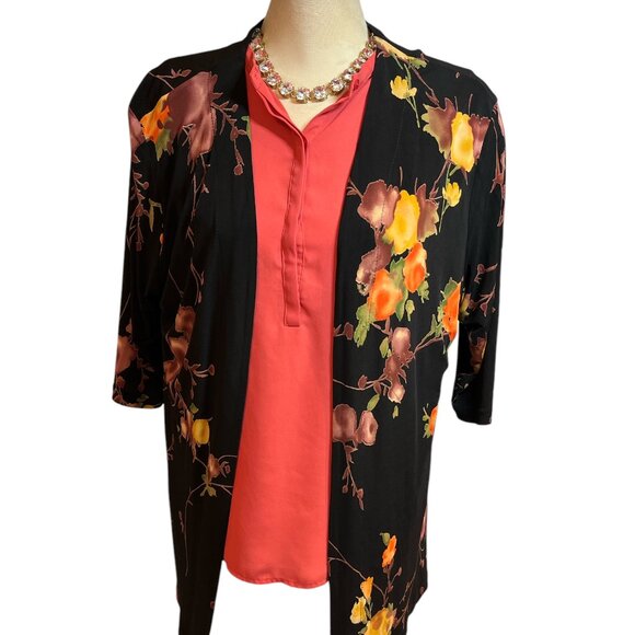ARTEX Floral Kimono Cardigan Size Large Open Front 3/4 Sleeves Stretchy - Picture 5 of 11